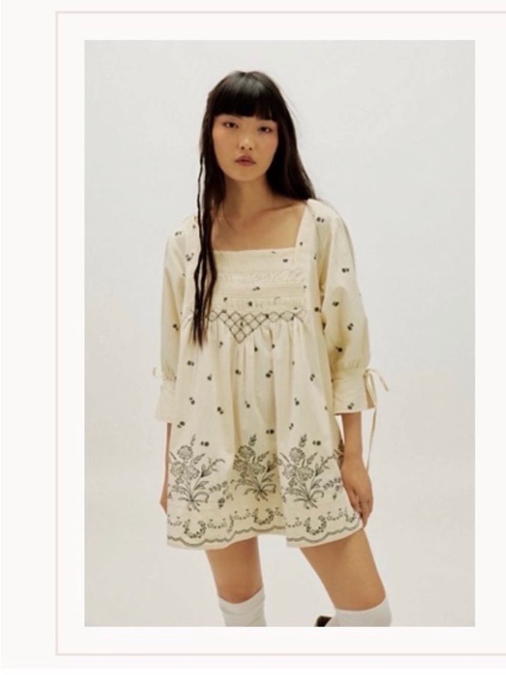 Free People Cream Embroidered Square-Neck Mini Dress
